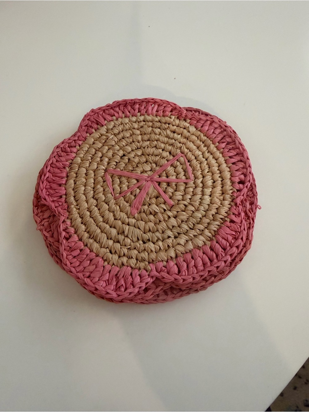 Round Handwoven Straw Coaster with Pink Trim